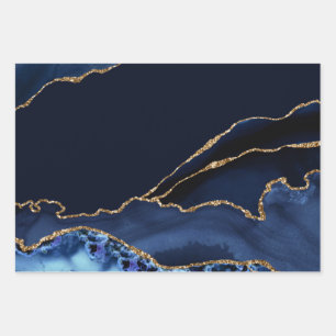 Blue Agate Gold Glitter Abstract Marble Art Wrapping Paper Sheet