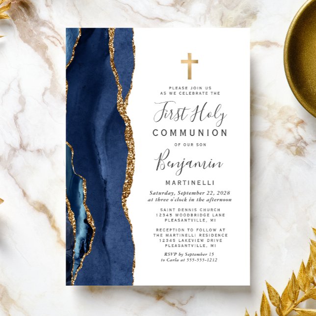  Blue Agate Gold Glitter First Holy Communion Invitation (Creator Uploaded)