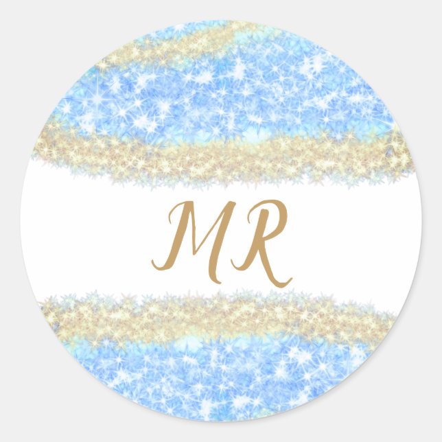 blue agate gold glitter sparkle monogram name text classic round sticker (Front)