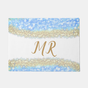 blue agate gold glitter sparkle monogram name text doormat