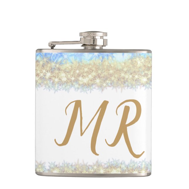 blue agate gold glitter sparkle monogram name text hip flask (Front)