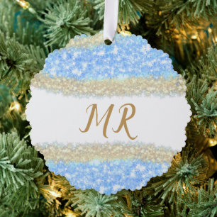 blue agate gold glitter sparkle monogram name text ornament card