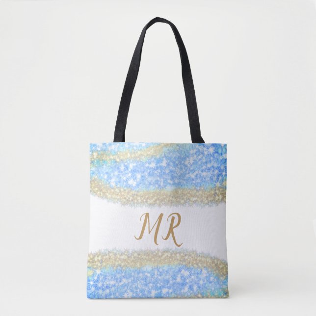 blue agate gold glitter sparkle monogram name text tote bag (Front)