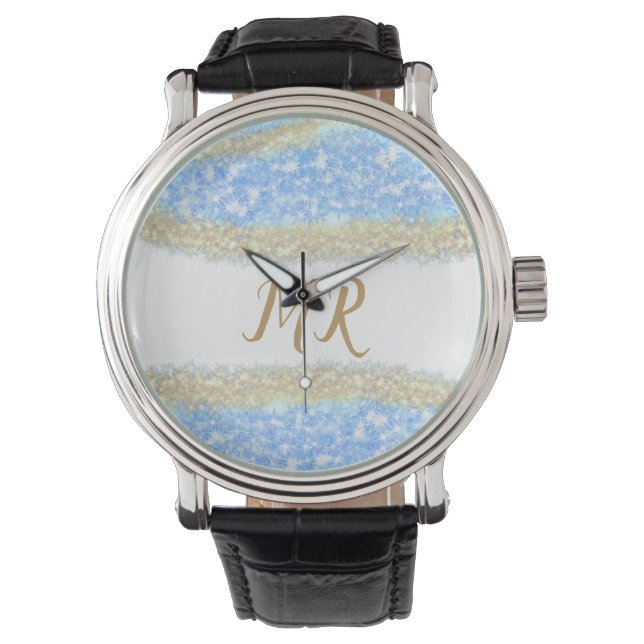blue agate gold glitter sparkle monogram name text watch (Front)