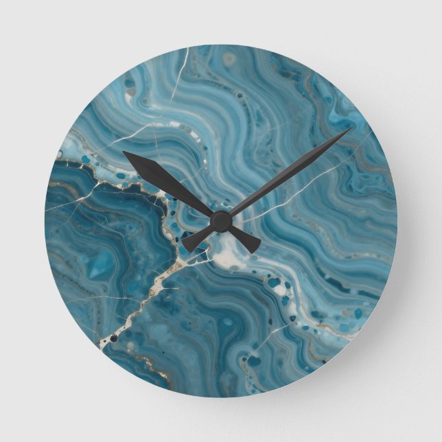 Blue Agate Gold Vein Marble Round Clock (Front)