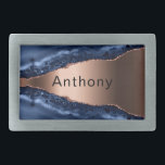 Blue agate marble copper name belt buckle<br><div class="desc">A dark blue and ropper agate,  marble stone print as background. Personalize and add your name.</div>