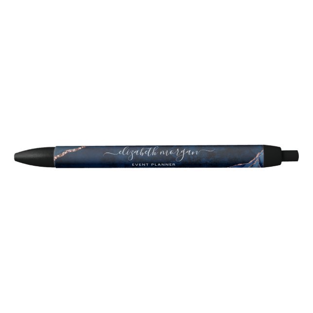 Blue Agate Marble Gold Glitter Signature Script Black Ink Pen (Front)