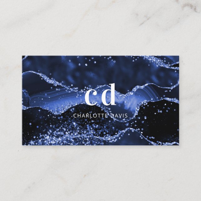 Blue agate marble monogram initials business card (Front)