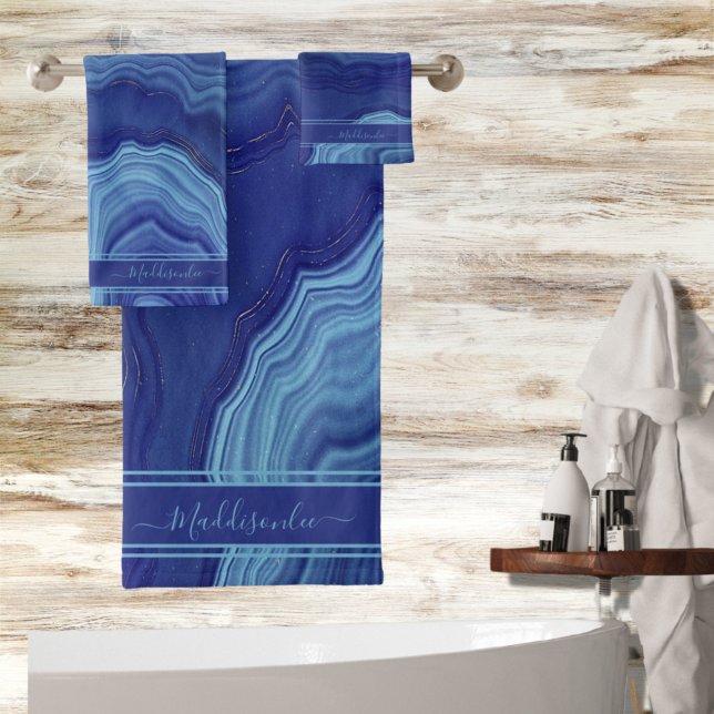 Blue Agate Marble monogram name Bath Towel Set (Creator Uploaded)
