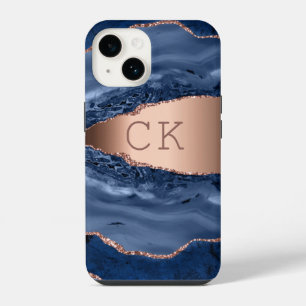 Blue agate marble rose gold monogram initials iPhone 14 case