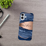 Blue agate marble rose gold name monogram iPhone 16 case<br><div class="desc">A dark blue and rose gold agate,  marble stone print as background Personalize and add your name and monogram initials.</div>