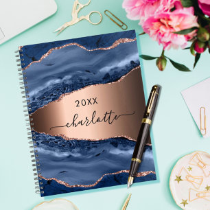 Blue agate marble rose gold name script 2023 planner
