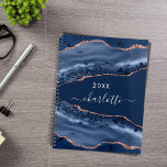 Blue agate marble rose gold name script 2025 planner<br><div class="desc">A dark blue and rose gold agate,  marble stone print as background Personalize and add your name. The name is written with a modern hand lettered style script.</div>