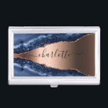 Blue agate marble rose gold name script business card holder<br><div class="desc">A dark blue and rose gold agate,  marble stone print as background. Personalize and add your name. The name is written with a modern hand lettered style script with swashes. 
To keep the swashes only delete the sample name,  leave the spaces or emoji's in front and after the name.</div>