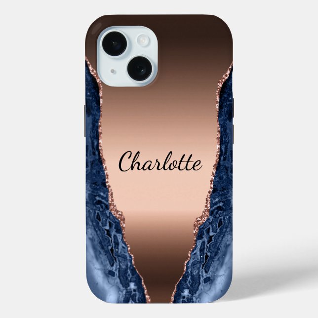 Blue agate marble rose gold name script Case-Mate iPhone case (Back)