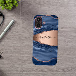 Blue agate marble rose gold name script iPhone 16 case<br><div class="desc">A dark blue and rose gold agate,  marble stone print as background Personalize and add your name. The name is written with a modern hand lettered style script.</div>