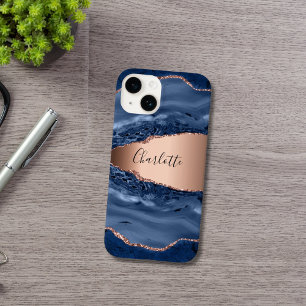 Blue agate marble rose gold name script Case-Mate iPhone 14 case