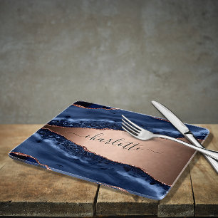 Blue agate marble rose gold name script cutting board