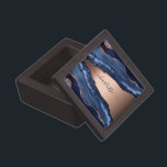 Blue agate marble rose gold name script gift box<br><div class="desc">A dark blue and rose gold agate,  marble stone print as background Personalize and add your name. The name is written with a modern hand lettered style script with swashes. 
To keep the swashes only delete the sample name,  leave the spaces or emoji's in front and after the name.</div>