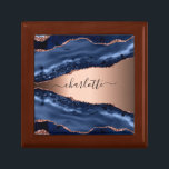 Blue agate marble rose gold name script gift box<br><div class="desc">A dark blue and rose gold agate,  marble stone print as background Personalize and add your name. The name is written with a modern hand lettered style script with swashes. 
To keep the swashes only delete the sample name,  leave the spaces or emoji's in front and after the name.</div>