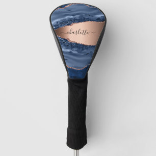 Blue agate marble rose gold name script golf head cover