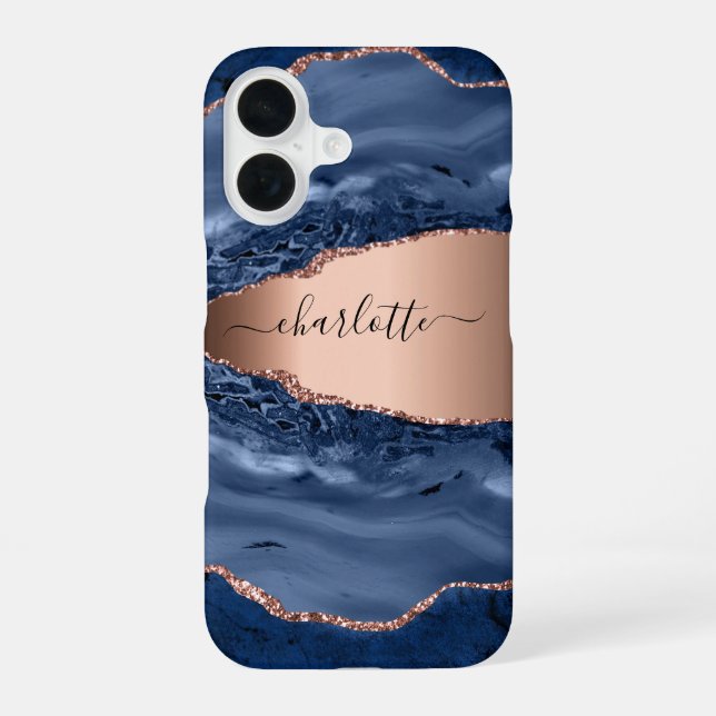 Blue agate marble rose gold name script iPhone 16 case (Back)