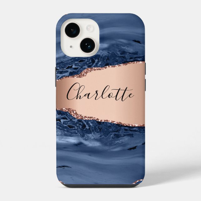 Blue agate marble rose gold name script iPhone case (Back)