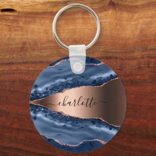 Blue agate marble rose gold name script keychain