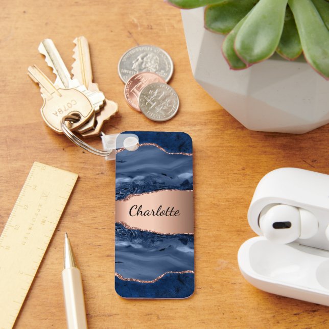 Blue agate marble rose gold name script  keychain (Desk)