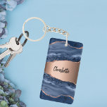 Blue agate marble rose gold name script keychain<br><div class="desc">A dark blue and rose gold agate,  marble stone print as background Personalize and add your name. The name is written with a modern hand lettered style script.</div>