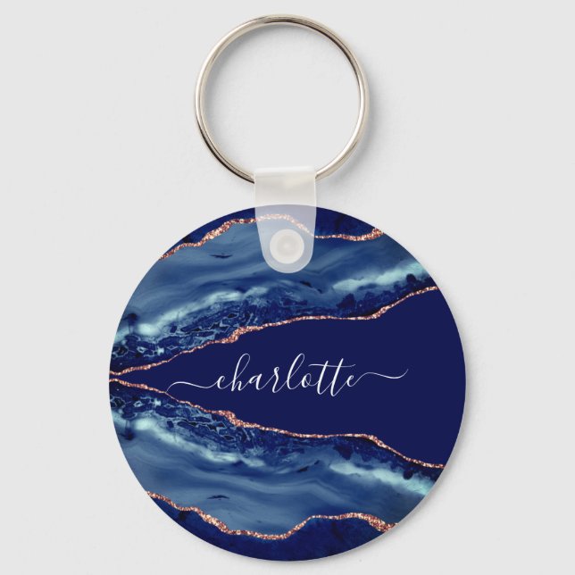 Blue agate marble rose gold name script keychain (Front)