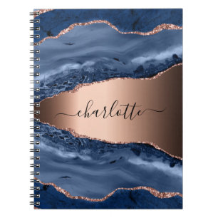 Blue agate marble rose gold name script notebook