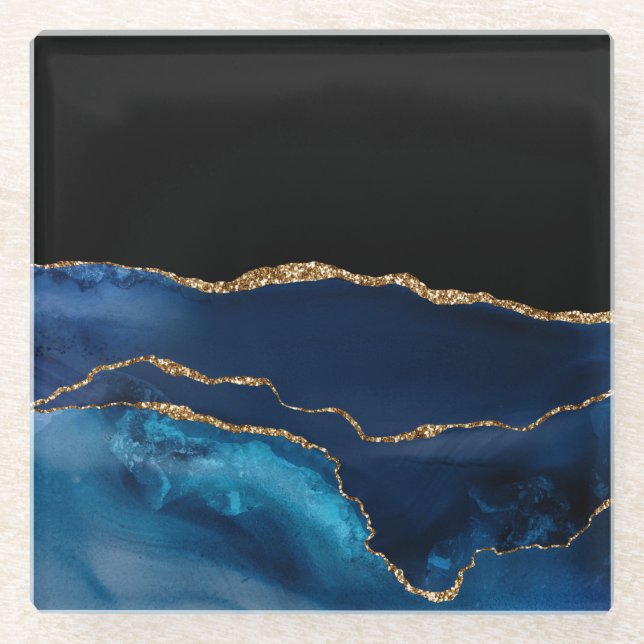 Blue Agate Marble Shiny Golden Glitter Chic Glam Glass Coaster (Front)