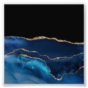 Blue Agate Marble Shiny Golden Glitter Chic Glam Photo Print