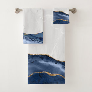 Blue Agate on Marble with Gold Bath Towel Set