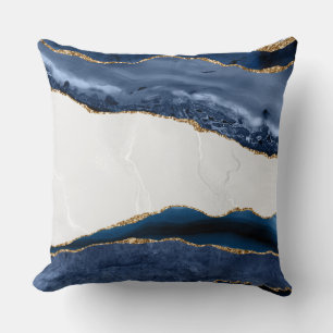 Blue Agate on Marble with Gold Throw Pillow
