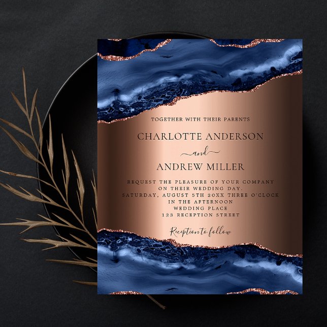 Blue agate rose gold budget wedding invitation flyer (Creator Uploaded)