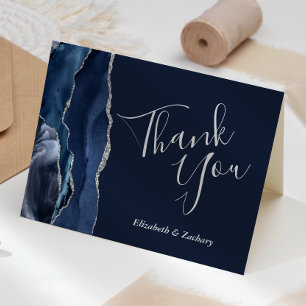 Blue Agate Silver Glitter Dark Wedding Thank You Card