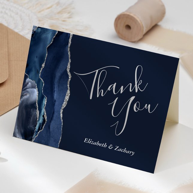 Blue Agate Silver Glitter Dark Wedding Thank You Card (Creator Uploaded)