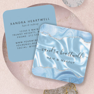 Blue Agate Silver Glitter Luxury Rounded Corners Square Business Card