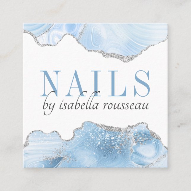 Blue Agate Silver Glitter Nails Manicurist Square  Business Card (Front)