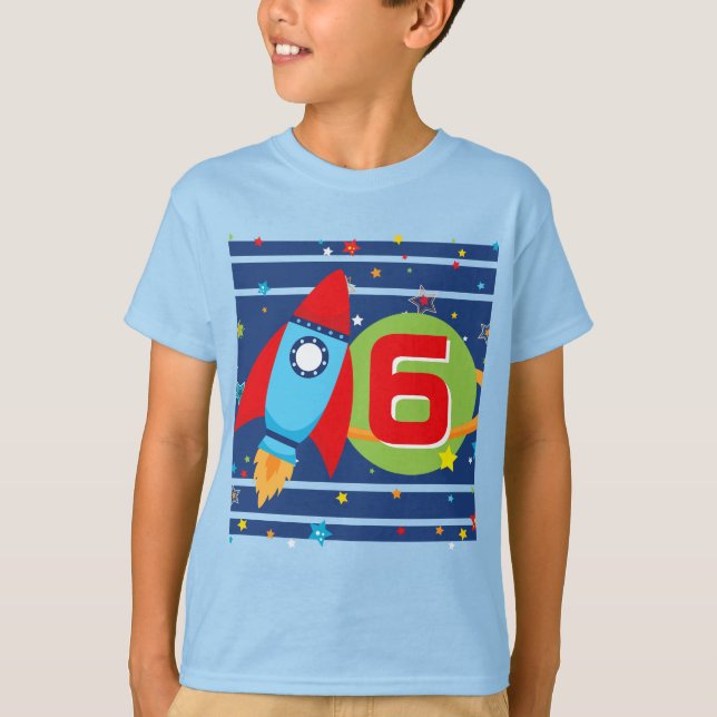Blue Age Rocket Ship Outer Space Birthday Shirt (Front)