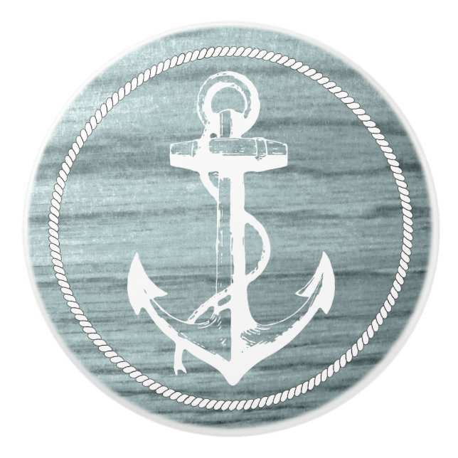 Blue Aged Wood Look Print with Nautical Anchor Ceramic Knob (Front)