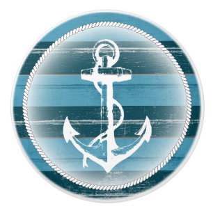 Blue Aged Wood with Nautical Anchor Ceramic Knob