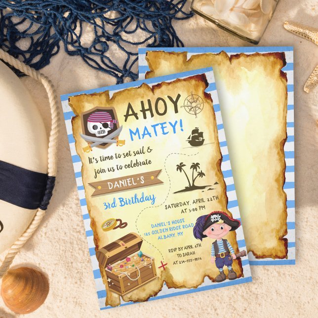 Blue Ahoy Treasure Map Boys Pirate Birthday Invitation (Creator Uploaded)