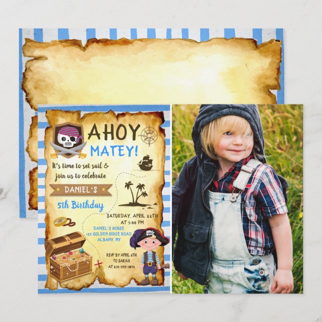 Blue Ahoy Treasure Map Boys Pirate Photo Birthday Invitation (Front/Back)