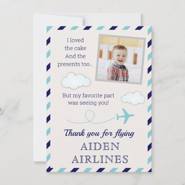 Blue Airline Airplane Baby Boy 1st Birthday Party Thank You Card (Front)