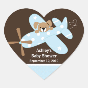 Blue Airplane Baby Shower Heart Sticker
