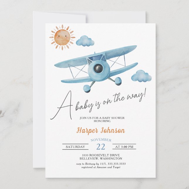 Blue Airplane Baby Shower Invitation (Front)