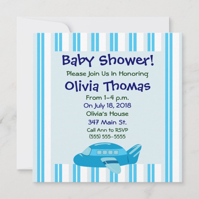 Blue Airplane Baby Shower Invitations (Front)